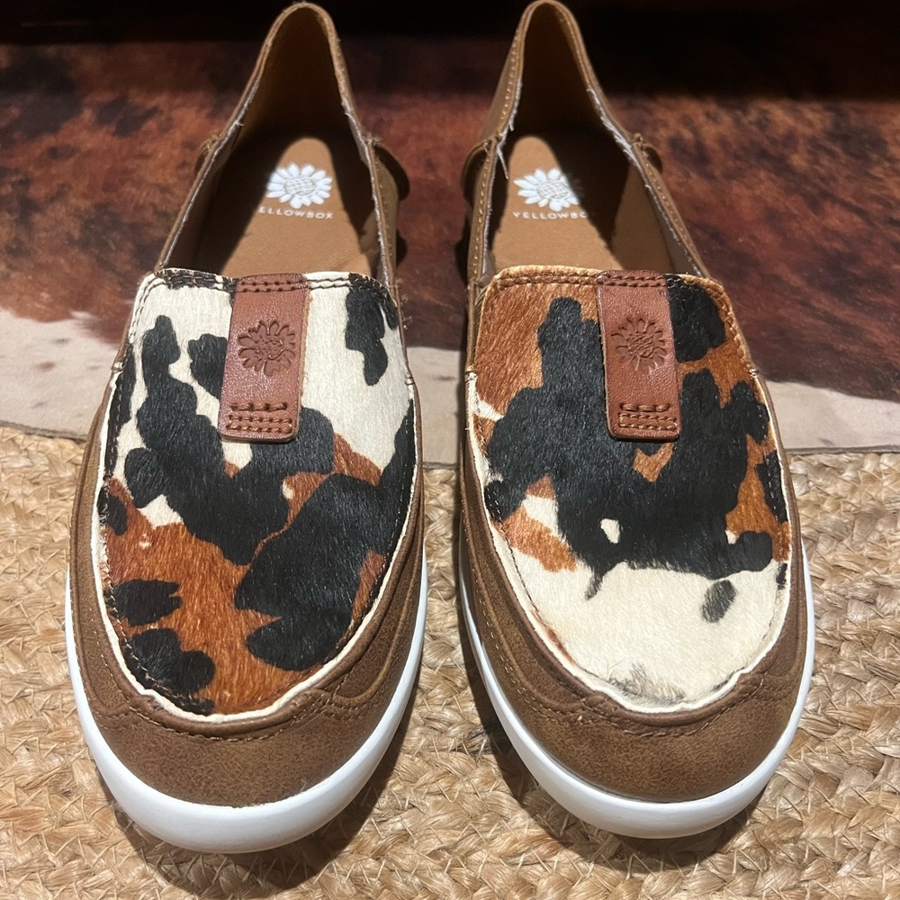 Yellow Box Olevia Cow Print Slip Ons